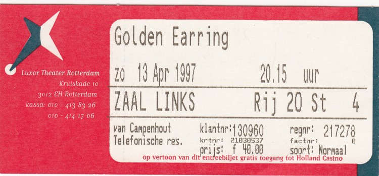 Golden Earring show ticket # 20-4 April 13 1997 Rotterdam - Luxor Naked II album recordings